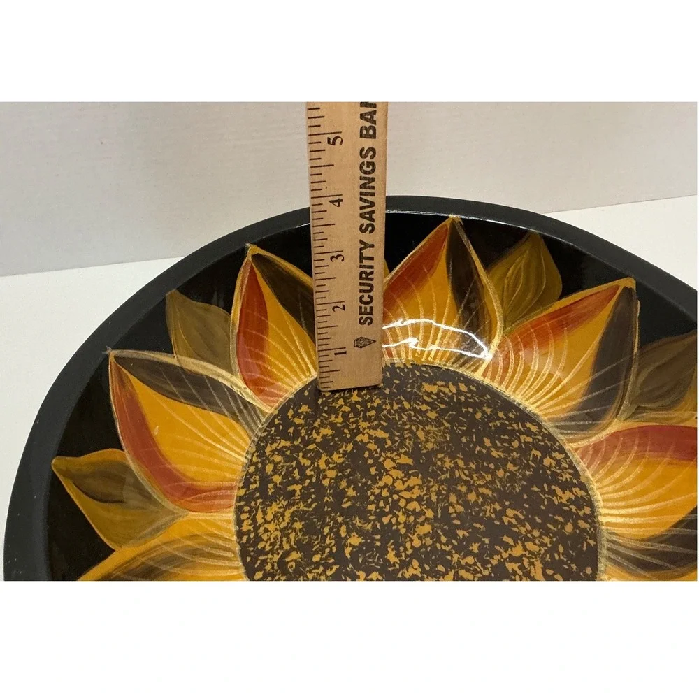 Vintage Sunflower Decorative Bowl Hand Painted Floral Glossy Black 11 Inch